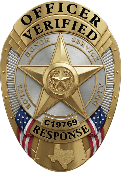Verified Response officer badge featuring Texas DPS License #C19769